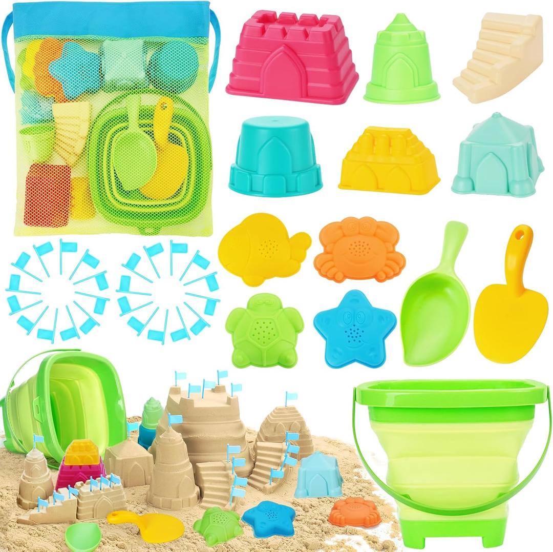 Collapsible Beach Toys for Kids, Foldable Sand Bucket and Shovels Set with Mesh Bag, Sand Castle Building Kit, Sandbox Toys, Travel Sand Toys Beach Essentials for Toddlers Age 3-10