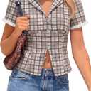 Tankaneo Womens Puff Sleeve Plaid Shirts Gingham Tops Y2k Summer Button Down Blouse Trendy Cute Fitted Going Out Tops (Brown)