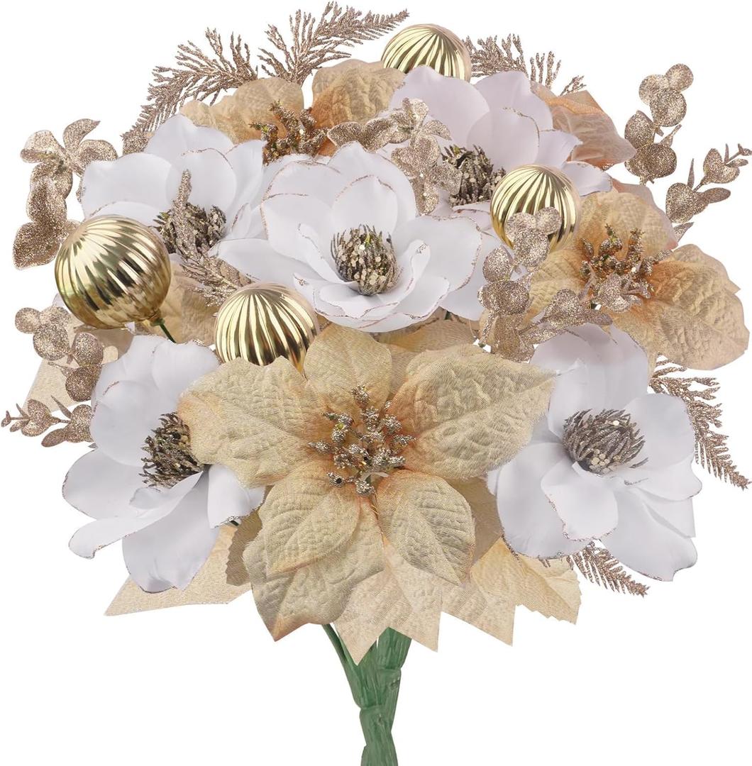 HUAESIN 2Pcs Gold Poinsettias Artificial Christmas Flowers Bouquet Mixed White Poinsettias and Hydrangea 17.7" Silk Christmas Floral Arrangements Winter Flowers for Outdoor Holiday Xmas Home Decor