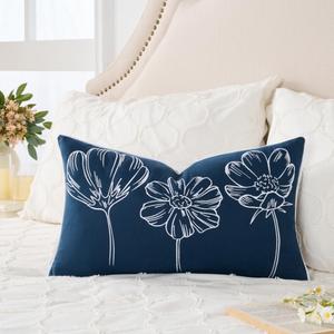 Sunkifover Decorative Floral Lumbar Pillow Cover 12x20 Inch Blue and White Cotton Embroidery Flower Throw Pillowcase Cushion Cover for Bed Bedroom, Living Room, Sofa