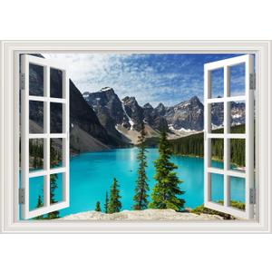 Fake Window Wall Decal Mountains Lake View Faux Window Sticker Office Poster Picture Open Landscape Wall Art Decor, Stick and Peel Natural Scenery Scene Mural 16"x24"