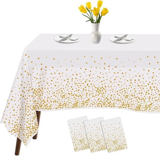 Tablecloths for Rectangle Tables,3 Pack 54" X 108" Plastic Table Cloth Disposable Table Covers Engagement Party Decorations, White Gold Dot Tablecloths Disposable Tablecloth for Weddings Buffet Tables