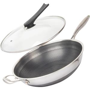 14" Honeycomb Non Stick Wok Pan Stainless Steel Stir-fry Wok with Lid,Skillet with Stay-cool Handle PFOA Free Suitable for Induction, Ceramic, Electric, and Gas Cooktops (Sliver, 14 Inches) (Silver)