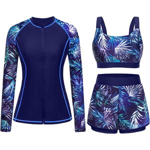 3 Piece Rash Guard for Women - Long Sleeve Swimsuits with Shorts SPF Zip up Swim Shirt with Built in Bra (X-Large, Blue Leaves)