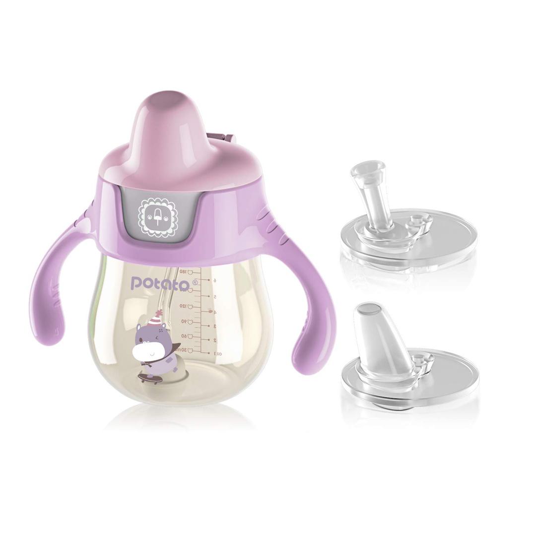 POTATO Sippy Cups For Toddlers with Straw Spill Proof, PPSU Learner Cup with Handle for Girl, Water Bottle for Baby 6 Months with 2 Type of Spout, 6 Ounce Pink