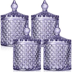 Aoriher 4 Pcs Crystal Glass Candy Jar Set with Lids Home Decorative Storage Jars for Apothecary, Bathroom, Kitchen, and Pantry, Ideal for Cotton Swabs and Jewelry(Medium,Light Purple)