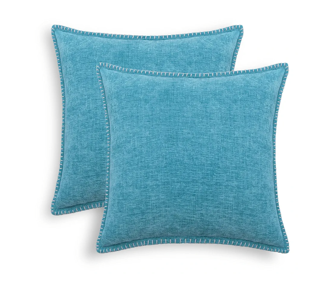 CaliTime Throw Pillow Covers Decorative 18 X 18 Inches Pack of 2 Cotton Thread Stitching Edges Solid Dyed Soft Chenille Cushion Cases for Couch Sofa Bed Living Room Farmhouse Lake Blue