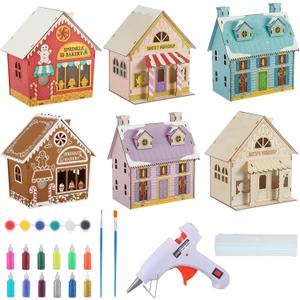 Thyle 6 Pcs DIY Wooden Christmas Gingerbread House Paints Kit, Unfinished Paint and Sip Kit Wooden 3D Holiday House for Adult Craft with Glitter Glue Paint Pen for Christmas Girl Night Art Favor Decor