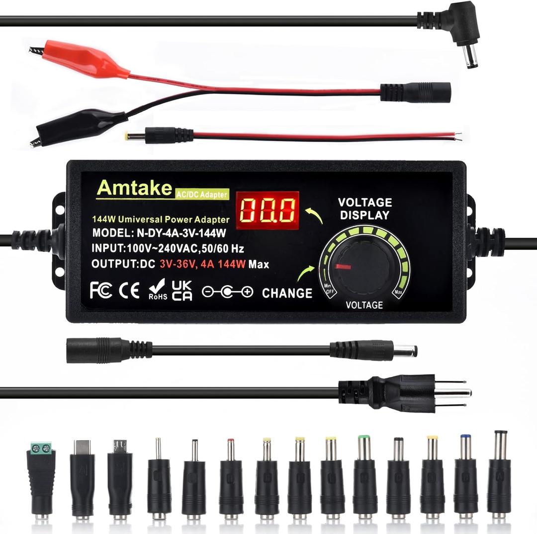 Adjustable Universal Power Supply Adapter 4A 144W Adjustable Variable Switching 3V~36V 3V 5V 12V 24V 30V 36V AC/DC Adapter, AC to DC Converter with 14 Tips, Polarity Converter and Test Lead