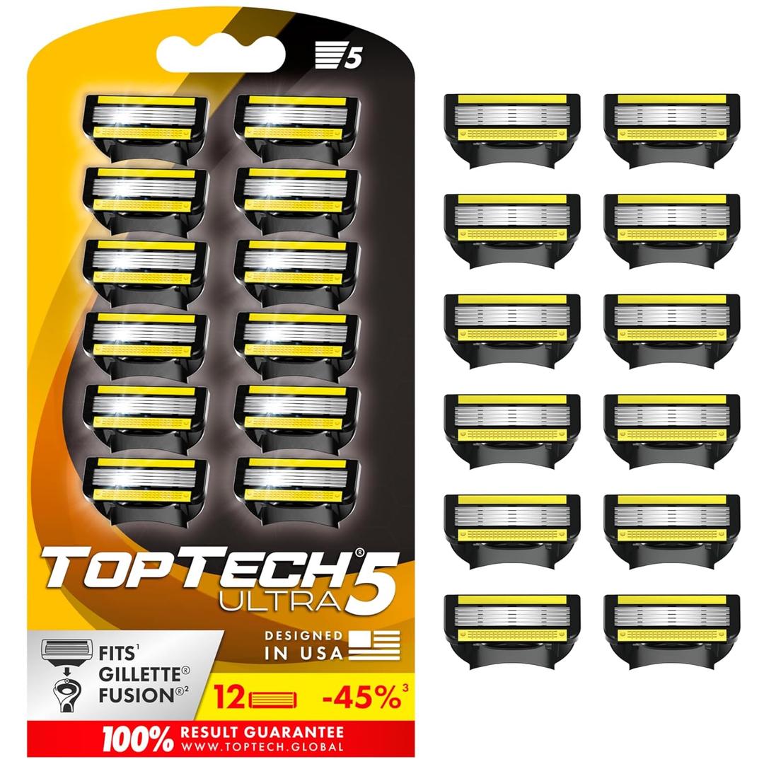 ULTRA 5 Razors for Men - Replaceable Cartridges for Manual Shaving Razor - 5 Blades Technology Refills - 12 Count Pack - Fits Gillette Fusion - Soft Shave, Sharp Blades - Cost-effective Refill