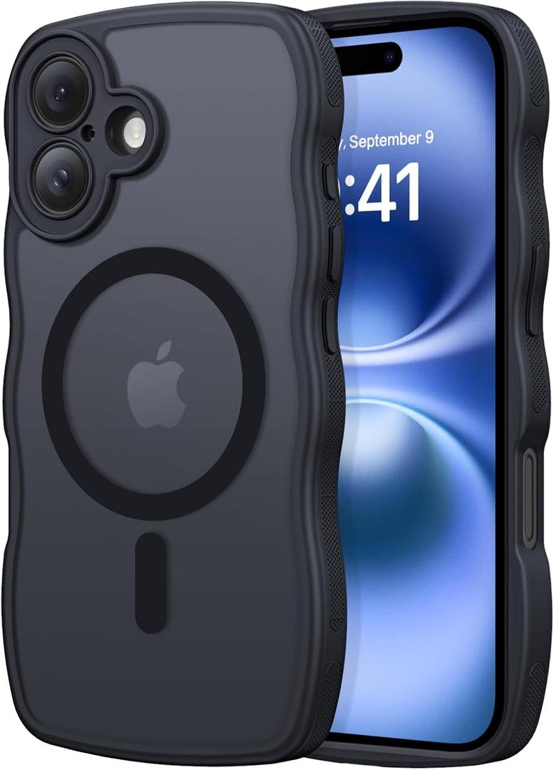 for iPhone 16 Case with MagSafe, Upgraded [Full Camera Protection] [Fit for MagSafe] [Mil-Grade Drop] Cute Wave Translucent Non-Slip Phone Case for iPhone 16 6.1",Black
