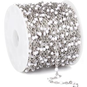 33 Feet Stainless Steel Enamel Chains Bulk, 2mm 304 Stainless Steel White Enamel Beaded Cable Link Chain Roll Spool for Jewelry Making