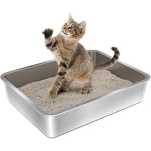 Stainless Steel Litter Box - 17.7" L x 13.77" W x 4" H Metal Cat Litter Box, Non Stick, No Smell, Easy Entry, Easy to Clean, Metal Litterbox for Kitten, Elderly Cats, Bunny