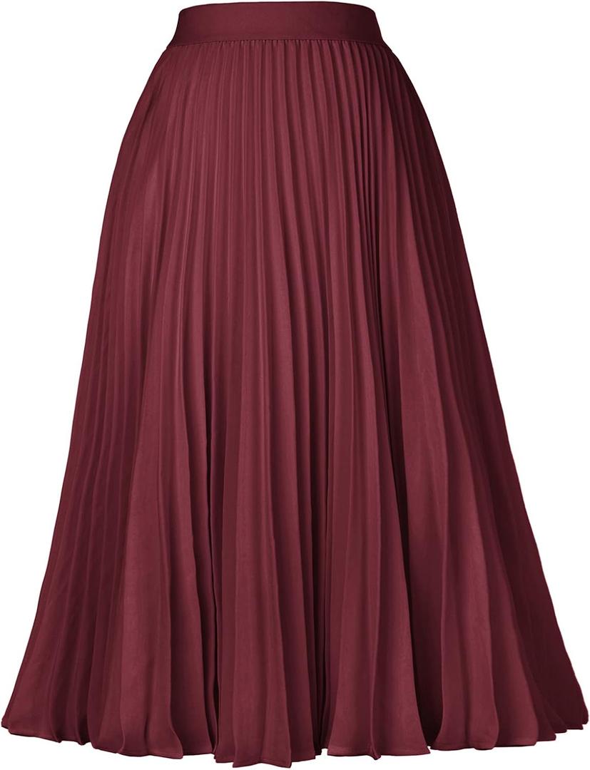 GRACE KARIN Pleated Midi Skirt for Women,Chiffon Elastic High Waist Knee Length Skirts,Swing Flare A-Line Outfits (Red, L)