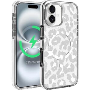 Magnetic for iPhone 16 Plus Case, Compatible with MagSafe, Wireless Slim Clear Shockproof Protective Cover for Women Girl - Gray White Leopard Print