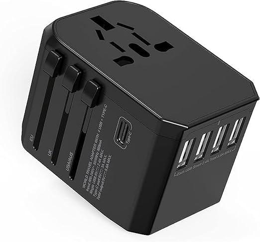 Universal Travel Adapter with 3 USB-C and 2 USB-A Ports Type-C All-in-One International Plug Adapter for USA EU UK AUS