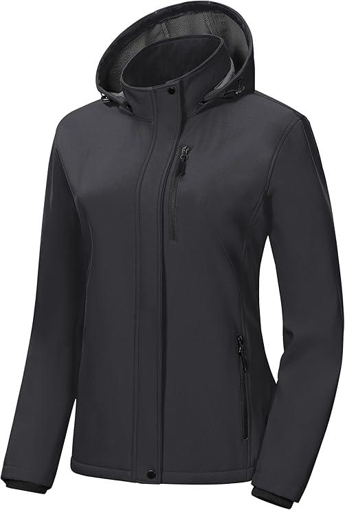 Pursky Women's Softshell Jacket Lightweight Fleece Lined Rain Jacket Waterproof Warm Windbreaker Coat With Removable Hood (2XL, Dark Grey)
