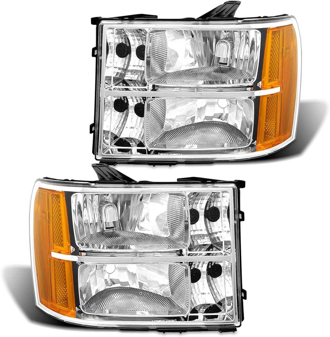 for 2007 2008 2009 2010 2011 2012 2013 2014 Sierra Headlight Assembly compatible with 07-13 GMC Sierra 1500/07-14 GMC Sierra 2500HD 3500HD Chrome Housing Headlamp Replacement L+R
