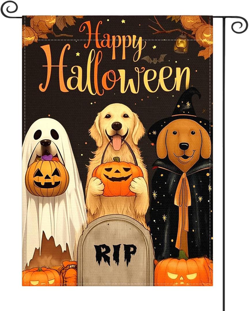 Halloween Garden Flag Golden Retriever Decor 12x18 Double Sided For Outside Dog Garden Flag Halloween Yard Decorative Flags Ghost Spooky Welcome Hallo-ween Outdoor Holiday Home Decor Summerween Yard