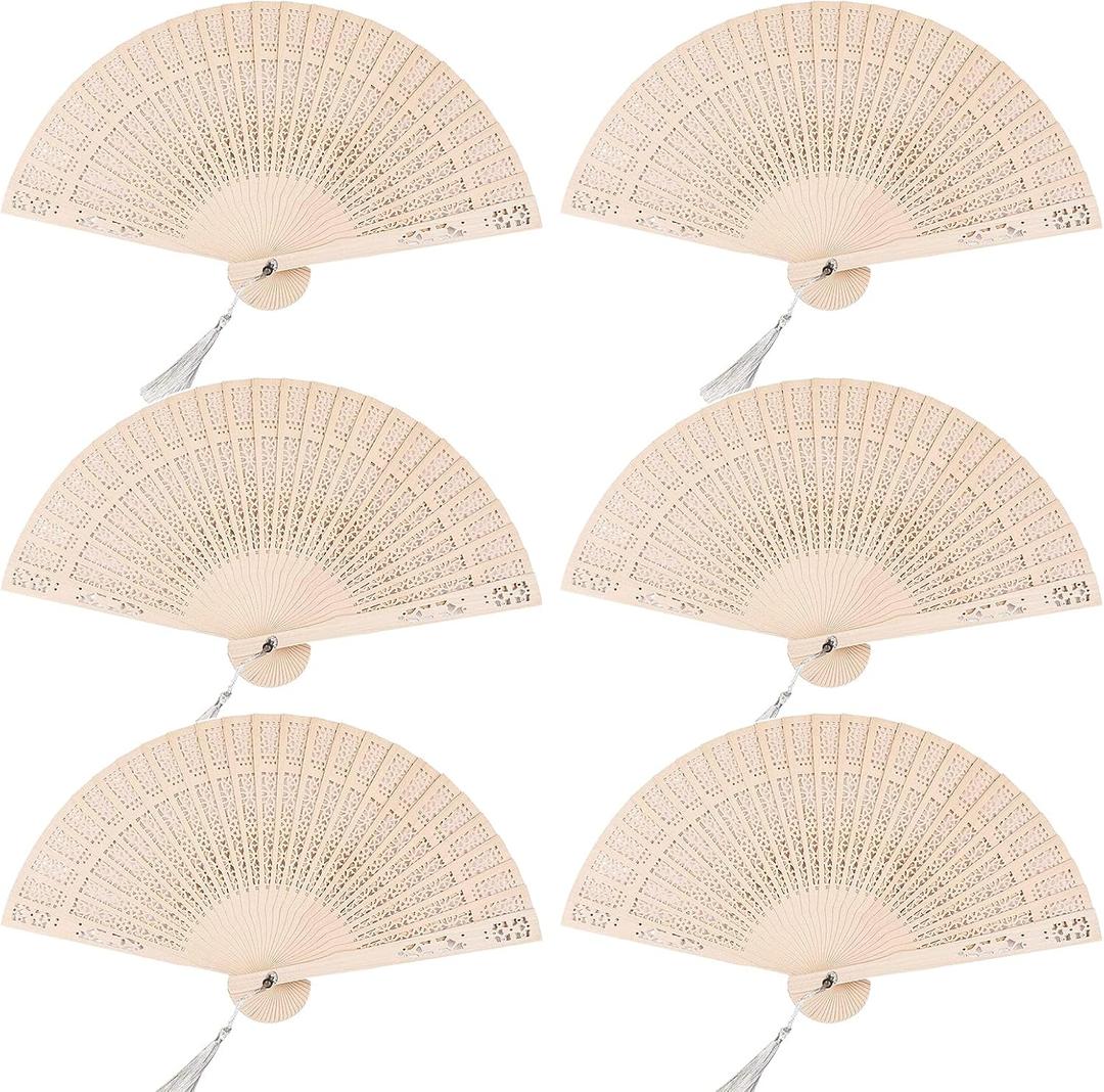 6 PCS Wooden Folding Fans Handheld Vintage Wood Hand Fan Foldable Chinese Sandalwood Fans with Tassels for Women Wedding Favors Baby Shower Party Gift