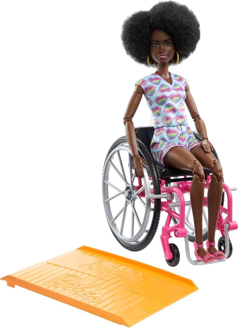 Barbie Doll with Wheelchair and Ramp, Kids Toys, Barbie Fashionistas, Curly Black Hair, Rainbow Heart Romper, Clothes and Accessories