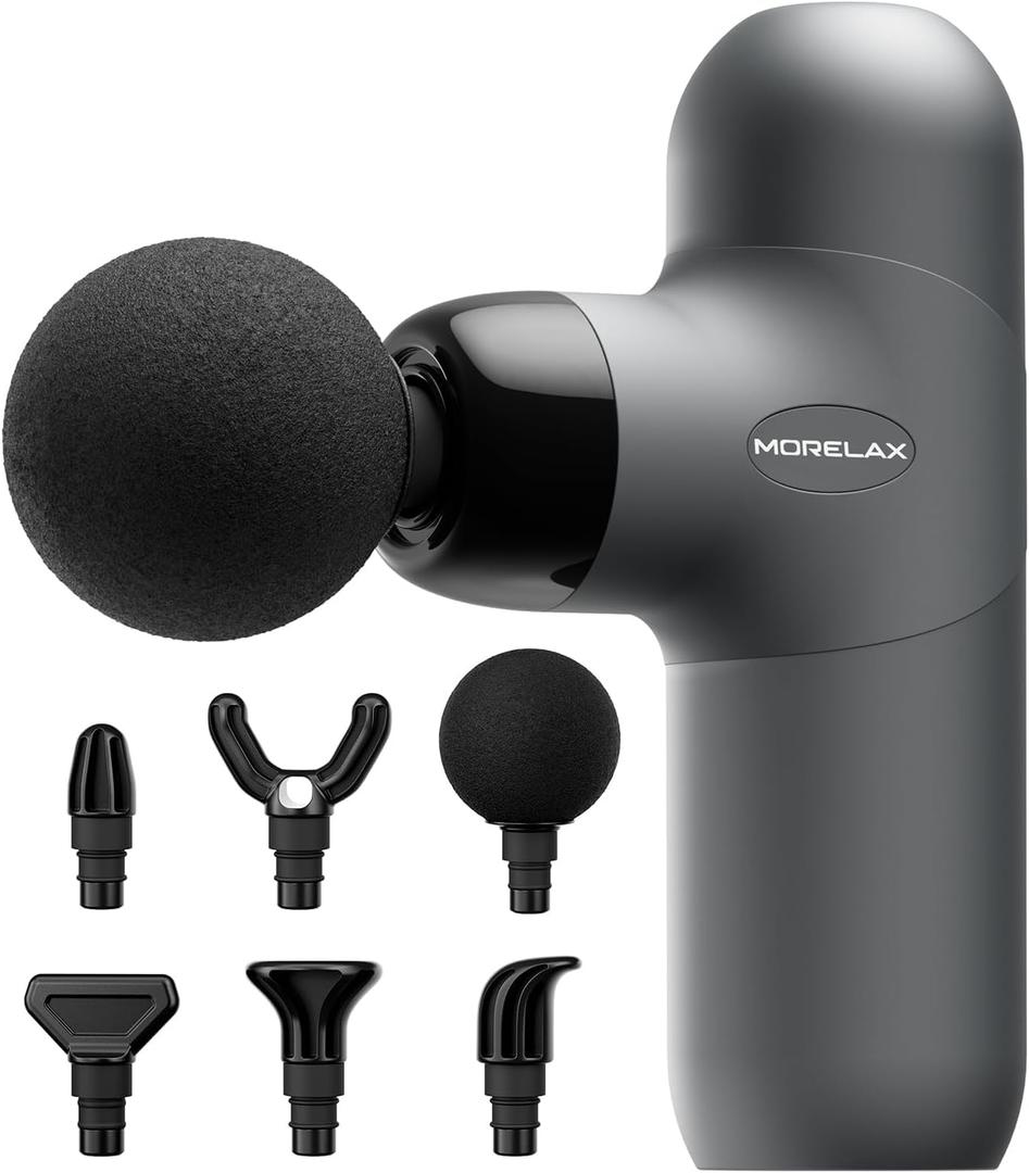 Morelax Mini Massage Gun, Percussion Muscle Massager for Back Pain Relief, Compact Sports Travel Massage Gun with 6 Massage Heads 4 Speeds, Gift for Her, Home, Athletes (Gray)