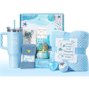 Birthday Gifts for Women Self Care Get Well Soon Gifts, Ocean Relaxing Spa Kit Bath Gift Basket Care Package w/ Flannel Blanket 40 OZ Tumbler, Mother's Day Gift for Mom Her Wife Girlfriend Sister