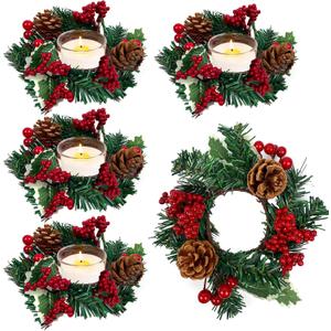 4 Pieces 9" Christmas Candle Ring Wreath Artificial Berries Pine Candle Ring Holder Christmas Wreath Rings for Xmas Home Dining Table Centerpieces Decor