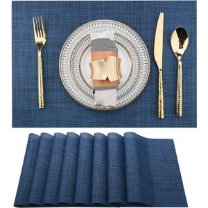 SLKQG Navy Blue Placemats Set of 8 - Easy Clean Washable Vinyl Placemats - Wipeable Heat Resistant Table Mats for Dining Table - 17x12 Inch (Navy Blue, 8)
