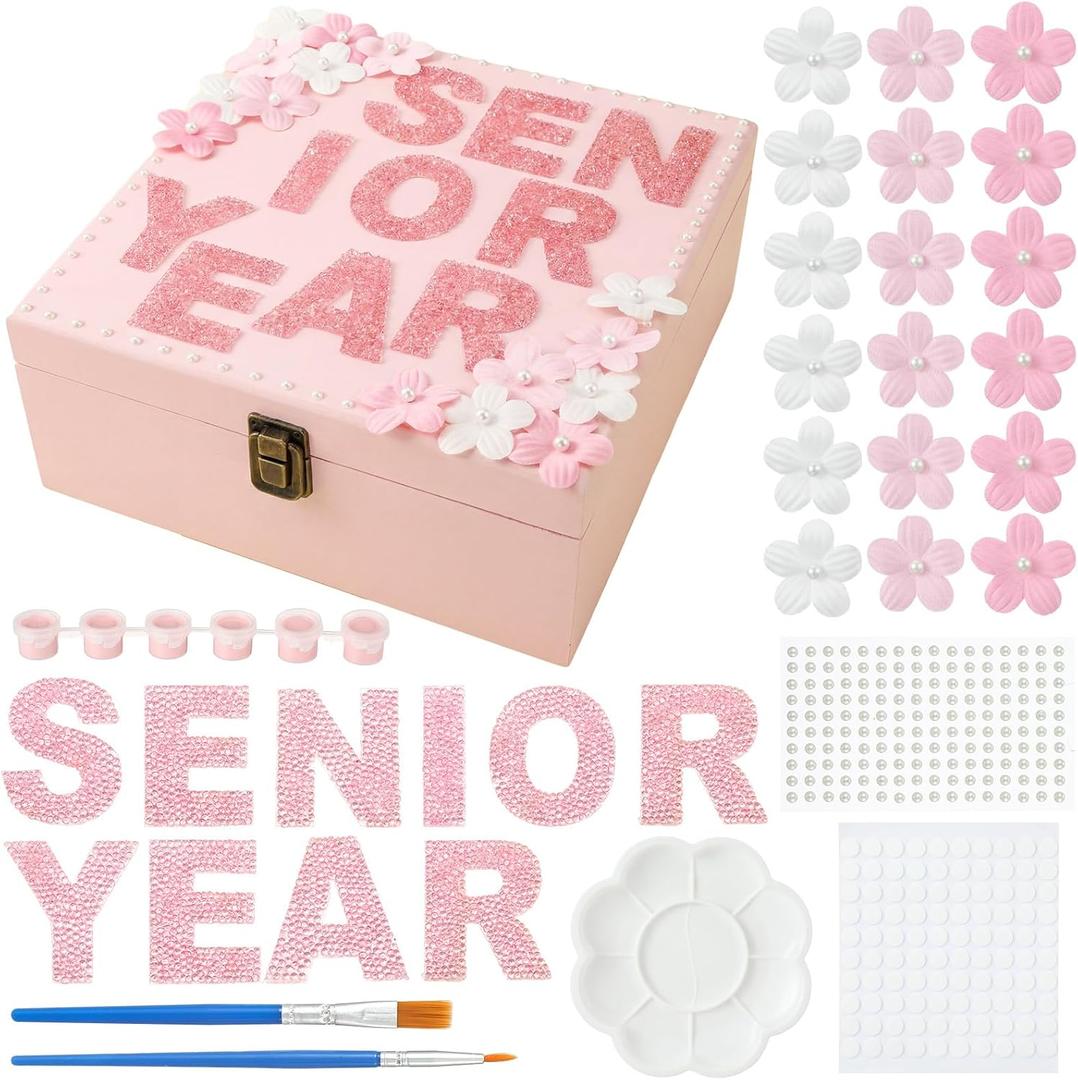 DIY Pink Senior Year Wooden Keepsake Box Set For Graduate, Valentine's Day Memento Box for Grad 9 x 9 x 4 Inches for Crafts and Photo Storage