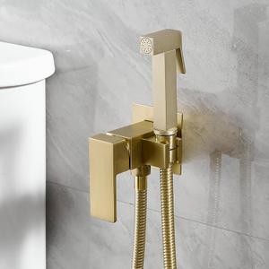 Wall Mounted Bidet Sprayer Set, Warm Water Bidet Sprayer Faucet for Toilet with Hot and Cold Brass Valve, Stainless Steel Square Handheld Bidet Attachment Set, Brushed Gold (Square- Gold)