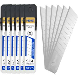 HIEMIE Tools 60Pcs 18mm Utility Knife Replacement Snap off Blades 60 DegreeBlades for Utility Knife and 18mm Box Cutter - Razor Sharp SK4 Steel