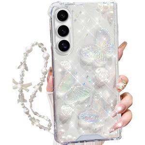 Changjia for Samsung Galaxy Z Fold 7 5G Clear Glitter Case, Cute 3D Butterfly Floral Crystal Pearl Bling Sparkle with Wrist Strap Soft TPU Aesthetic Women Girls Phone Case for Galaxy Z Fold 7 5G,Clear