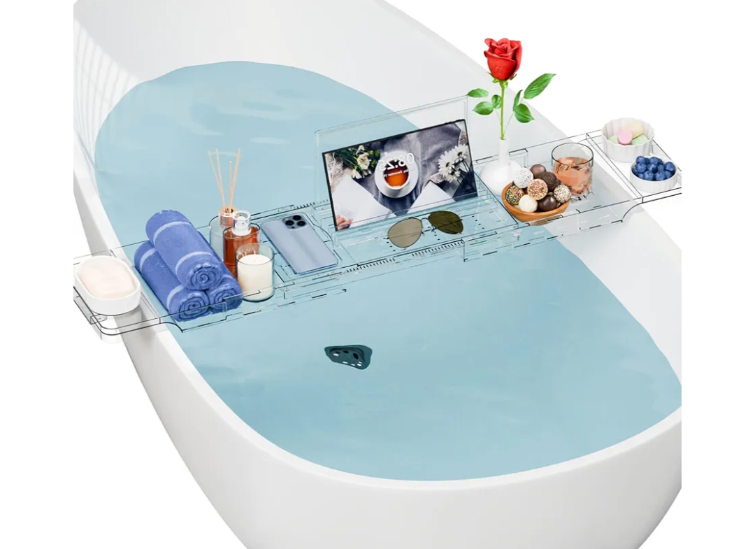 Yieach Luxury Clear Acrylic Bathtub Tray with Book Holder,Expandable Bath Tray for Tub and Bath Shelf Over Tub,Plastic Bath Table & Board,Bath Caddy Trays & Accessories for Women Relaxing Spa Gifts