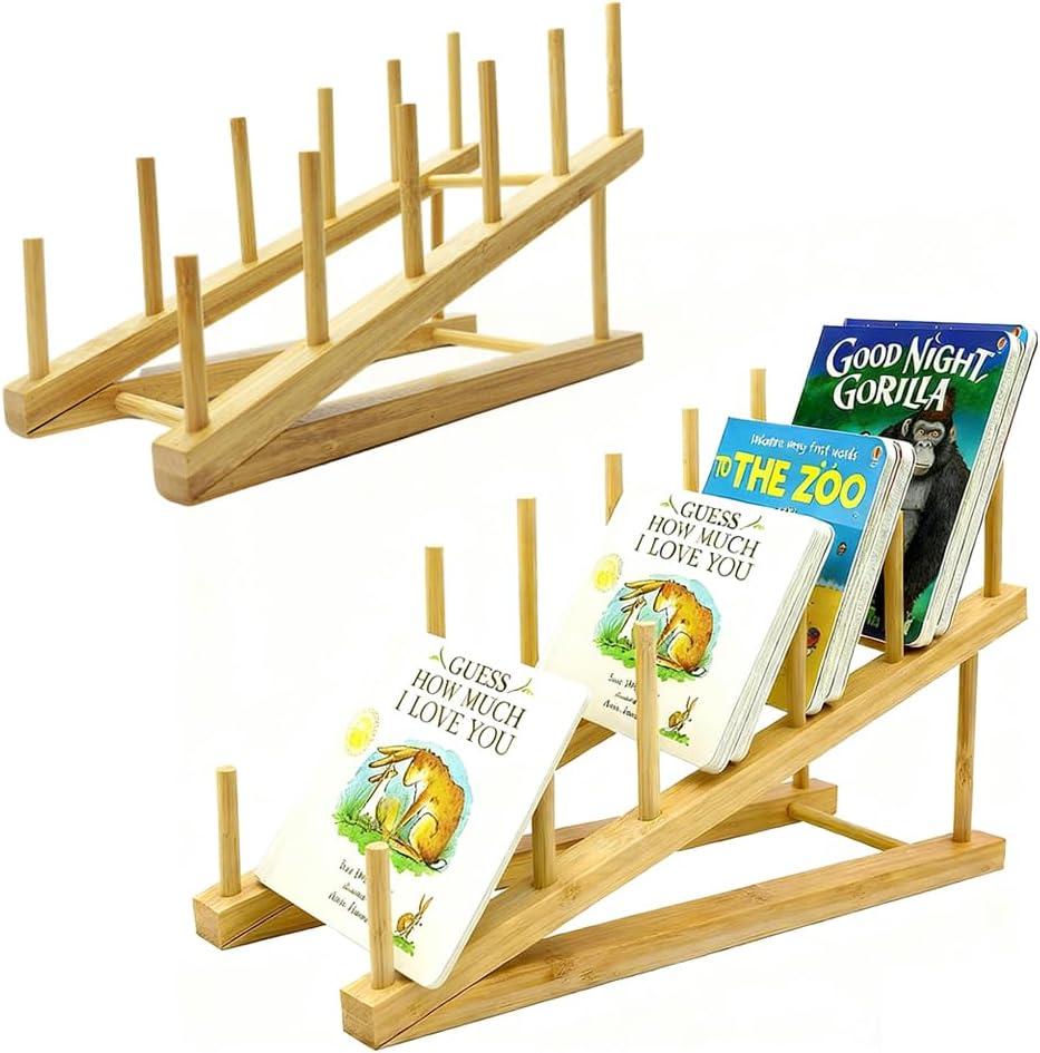 2 PCS Book Display Stand Holder, 5-Tier Wooden Kids Bookshelf, Toddler Book Rack Organizer for Magazines, Children Tabletop Book Display Shelves for Living Room Bedroom Home Office