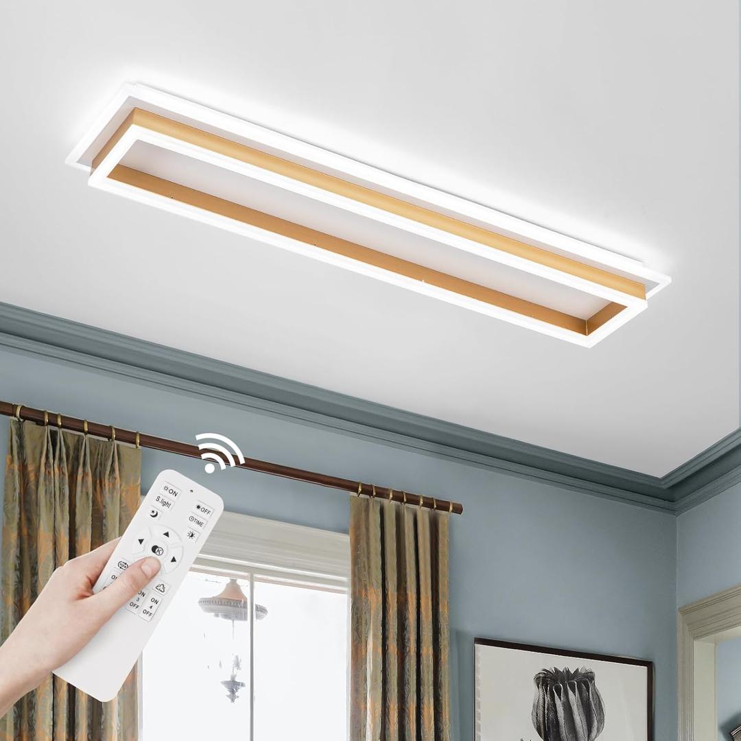 Dimmable Led Ceiling Light with Remote Control 31.5in Modern Linear Flush Mount Ceiling Lighting Fixture Acrylic Long Ceiling Lamp for Living Room Kitchen Dining Room Hallway (Gold)