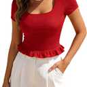 Belle Poque 2026 Summer Cute Tops for Women Short Sleeve Crop Tops Square Neck Ruffle Hem T Shirts (Red, L)