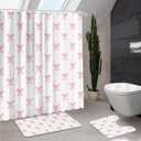4 Pcs Bow Shower Curtain Set Cute Coquette Bathroom Decor Bow Knot Aesthetic Girly Shower Curtain Sets with Non-Slip Rug Toilet Lid Cover Bath Mat and 12 Hooks(Pink)