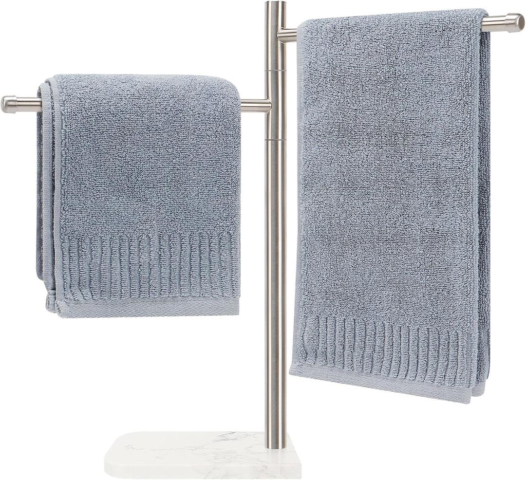 Standing Hand Towel Holder, Hand Towel Stand with Marble Base, 304 Stainless Steel Towel Rack with 2 Swivel Arm, Countertop Stand Towel Ring Towel Bar for Bathroom (Brushed Nickel, Square)