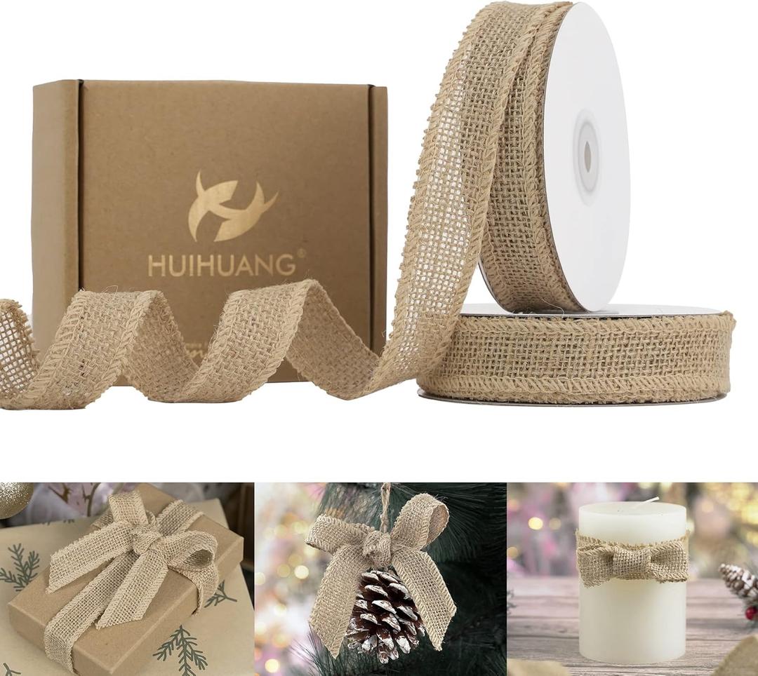 HUIHUANG Natural Burlap Ribbon 1 inch x 20 Yards Jute Burlap Fabric Ribbon for Gift Wrapping Thin Burlap Ribbons for Crafts Wreaths Bows Rustic Home Fall Christmas Decoration Wedding Decor (No Wire)