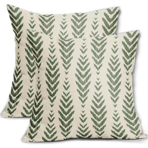 Sage Green Boho Pillow Covers 18x18 Set of 2 Bohemian Ethnic Geometric Herringbone Print Decorative Throw Pillows Outdoor Pillowcase Square Linen Farmhouse Cushion Case Decor for Couch Sofa Bed