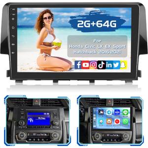 2+64G Radio for Honda Civic LX EX Sport Hatchback 2016-2021 Car Stereo CarPlay Android 15 9'' Touch Screen Android Auto, AHD Backup Camera, Bluetooth, GPS