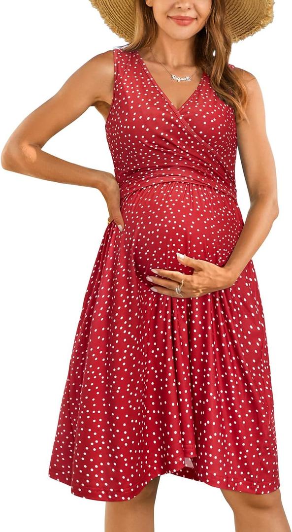 OUGES Womens V-Neck Sleeveless Summer Floral Maternity Dresses Nursing Gown Breastfeeding Dress (Red, M)