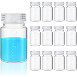 Tatuo 12 Pcs Plastic Sample Bottles with Screw Cap, Liquid Containers with Lid for Lab Reagent Sample Medicine Pill Water Storage, Travel Bottles(Clear,3oz 100ml,Wide Mouth-white Scale)