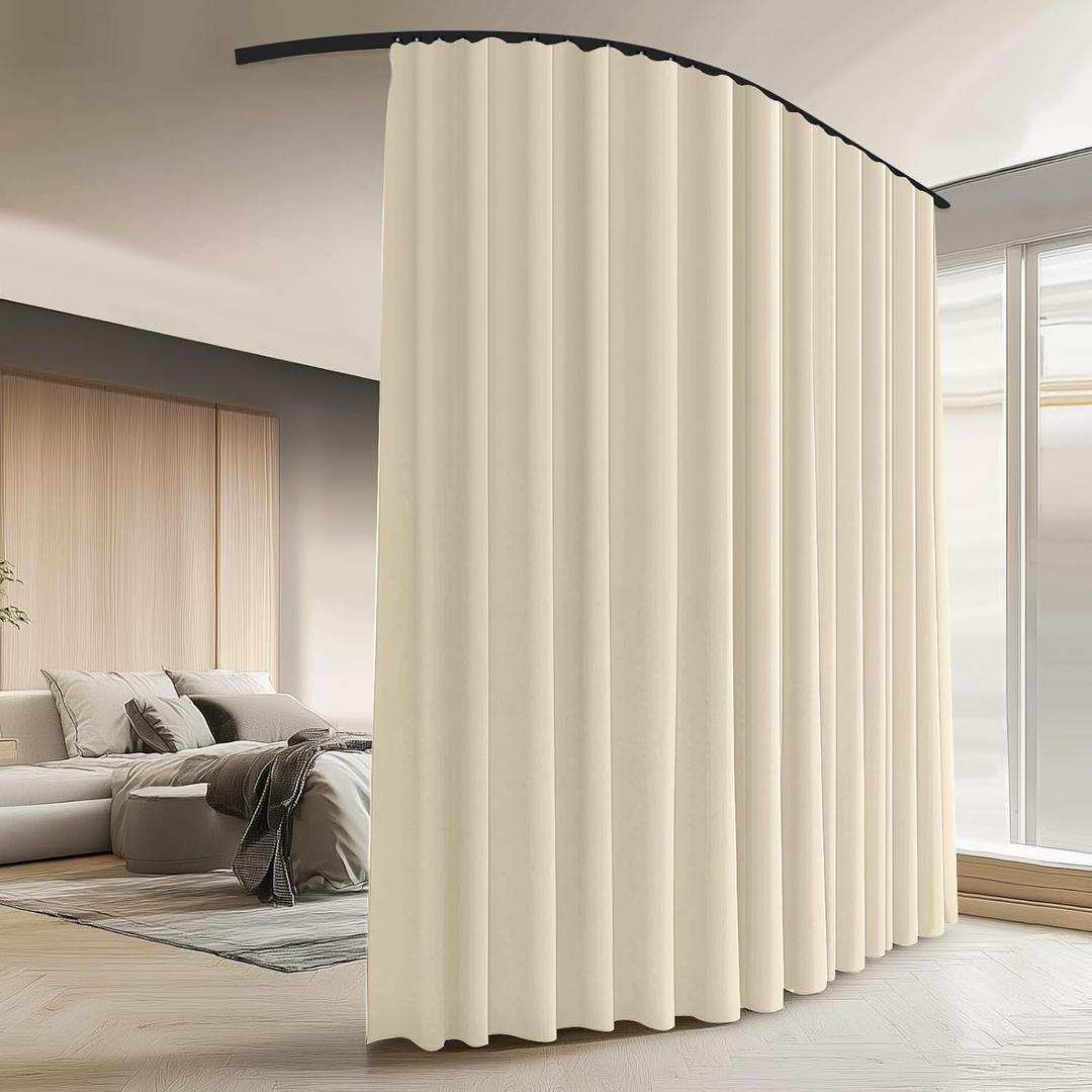 Room Divider Curtains with Ceiling Curtain Track Set Window Curtain for Bedroom,Living Room Total Blackout Thermal Insulated Privacy Ceiling Track Curtain W 12 H 9 FT Beige drape&Black track