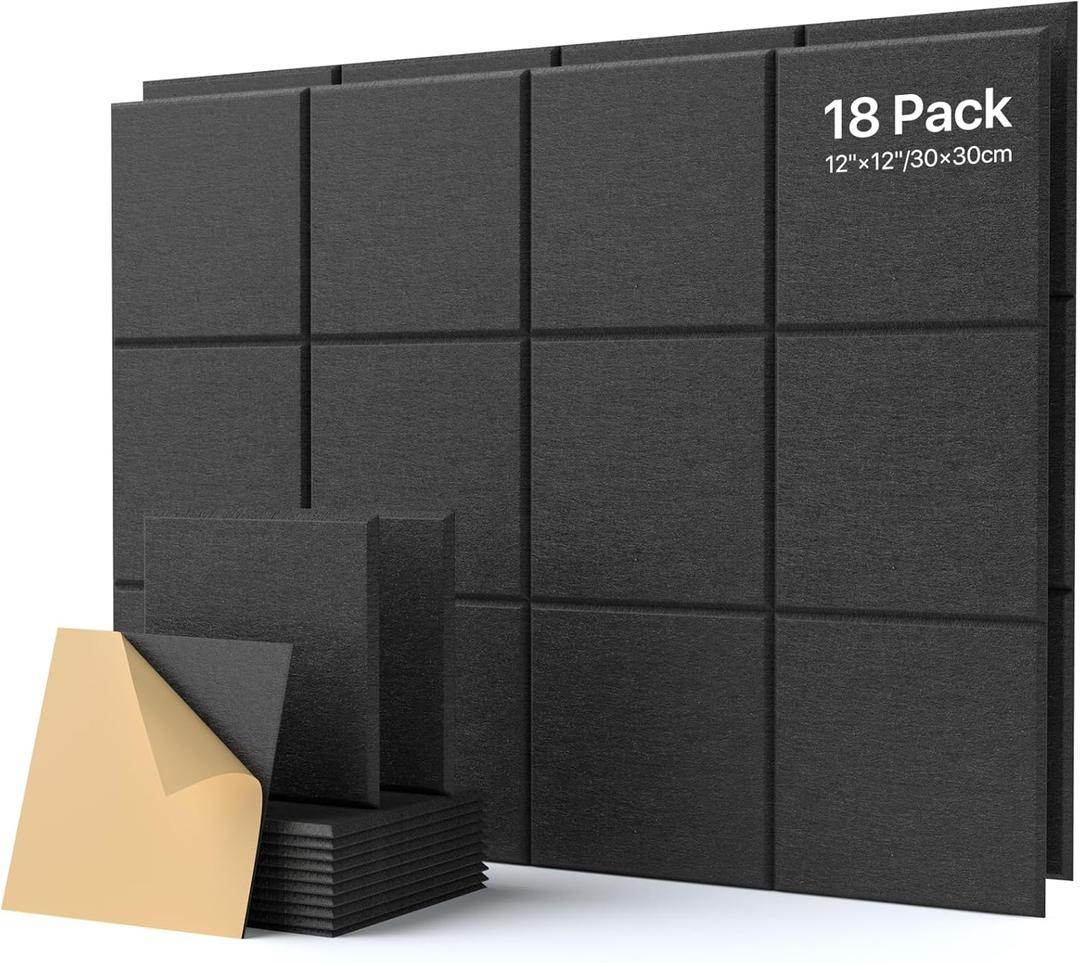 18 Pack Soundproof Wall Panels Self-Adhesive, Square Sound Proof Foam Panels for Wall, High Density Acoustic Panels, Acoustic Foam Panels for Home Office, Reccording Studio 12" X 12" X 0.4" Black