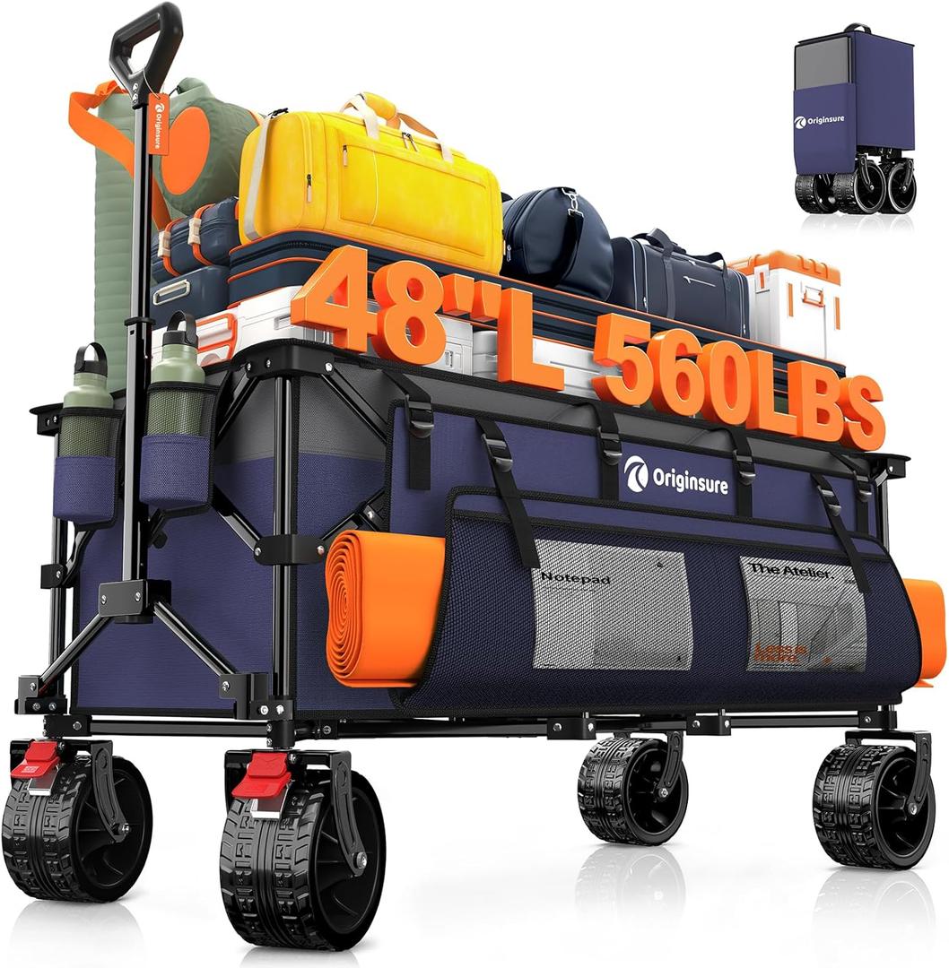 48" L Collapsible Wagon Cart Foldable, 560lbs Weight Capacity 300L Heavy Duty Folding Beach Wagons with Big All-Terrain Wheels, Utility Carts for Groceries, Shopping, Camping, Sports - Grey & Purple