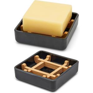 Bamboo Soap Dishes for Bar Soap Holders for Shower with Drainage for Bathroom Sink Bulk Small Wooden Soap Tray (Single Right Angle Black)