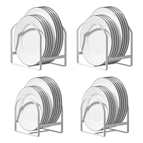 4 Pack Kitchen Plate Holder Organizer for Cabinet Space Saver Dinner Dish Plate Storage Rack Upright Dish Drying Racks Metal Plate Dish Racks Stand for Cupboard and Countertop 2 Large 2 Small White