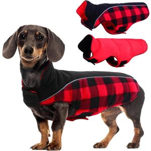 Kuoser Dog Winter Coat, Reversible Waterproof Dog Jacket with Reflective Strip, Warm Dogs Fleece Vest Adjustable Doggy Cold Weather Clothes Plaid Christmas Outfit Pet Apparel for Small Dogs, Red XS (X-Small (Chest Girth: 9.4-13.8'' ))
